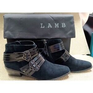 L.A.M.B. Nanetta Suede Black Buckle Side Zip Ankle Boots Size 9 M